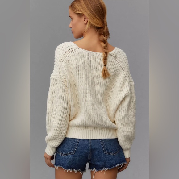 Anthropologie x Maeve V-Neck Sculptured Pullover Sweater - Off White - Picture 4 of 8